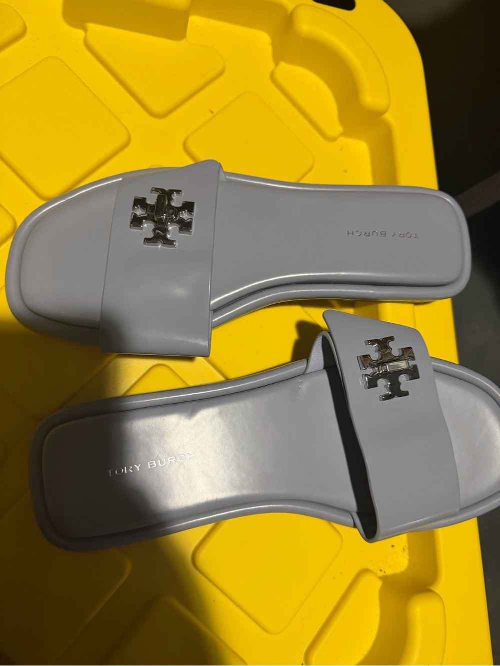 Tory Burch Light Blue Logo Slide Sandals with Silver Emblem
